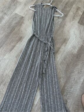 Black & White Vertical-Stripe Tie-Waist Wide-Leg Jumpsuit